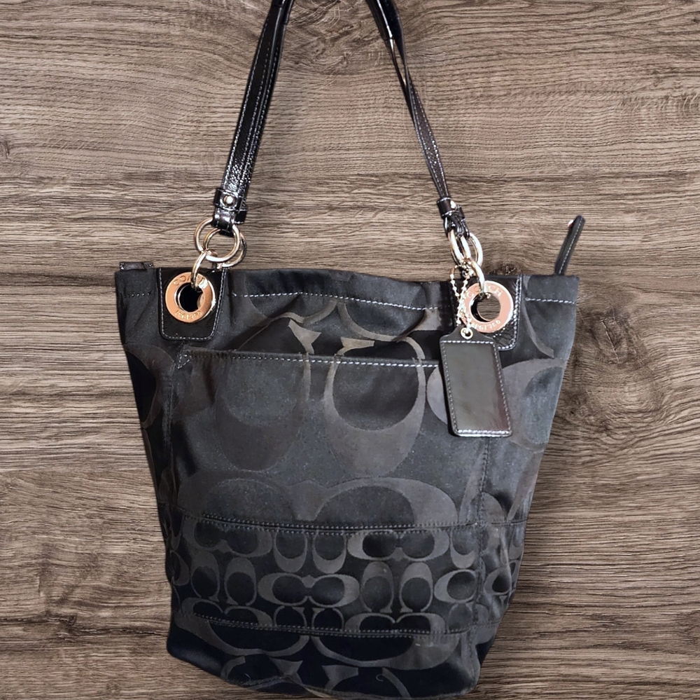 COACH #1449 Black Alex Sateen Patten Leather Monogram Shoulder Bucket Tote - Picture 4 of 11